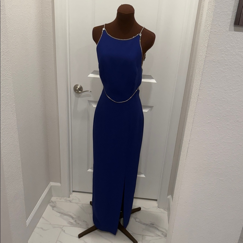 Elegant Blue Sleeveless Dress vintage backless beaded